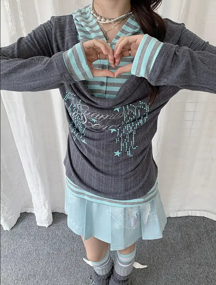 Layered Stripe Cowl Neck Long Sleeve Tee OL2385