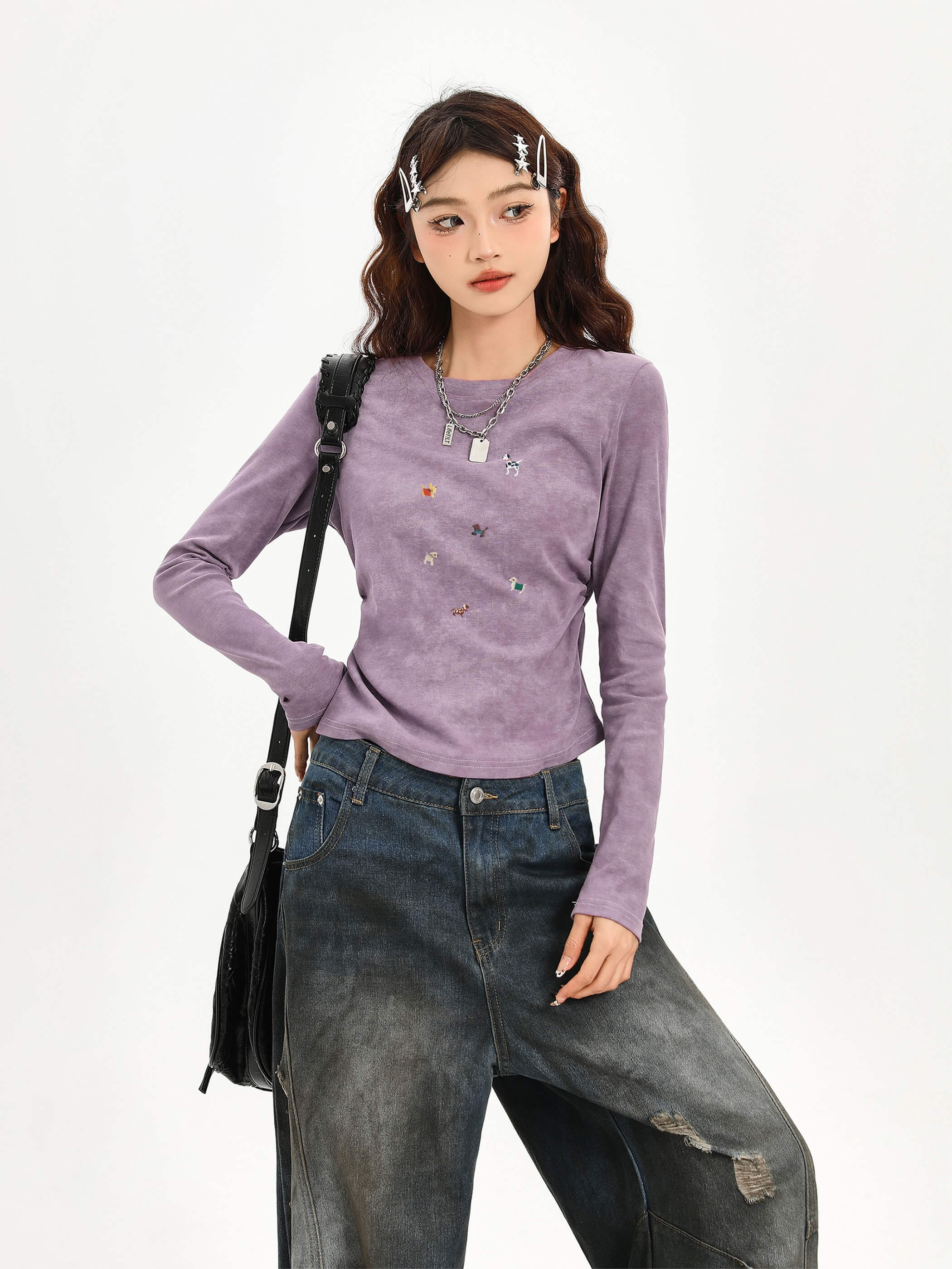 パープル クロップドTシャツ – ウエストシェイプデザイン