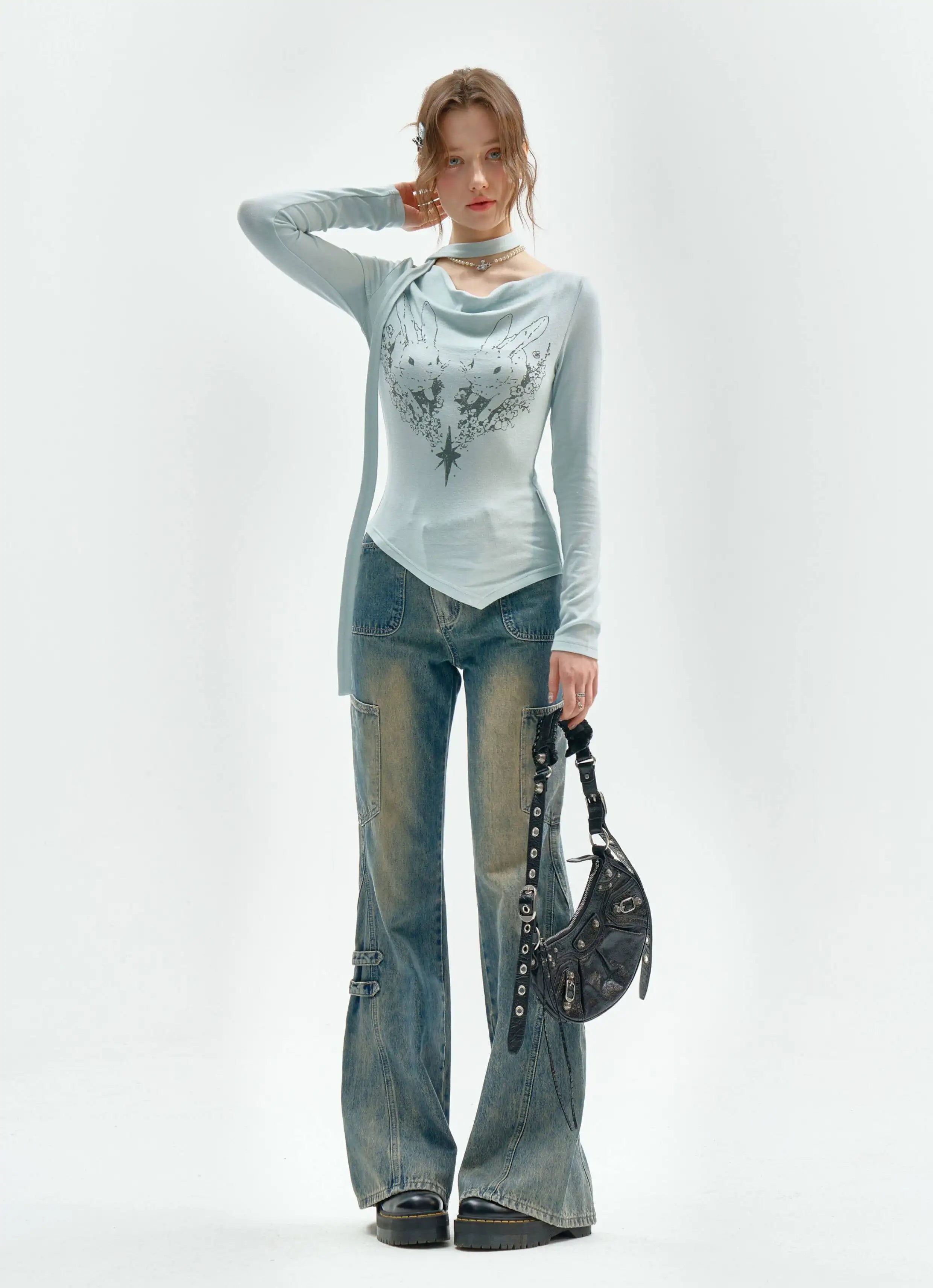 Rabbit Draped Neck Slim Fit Top OL2259