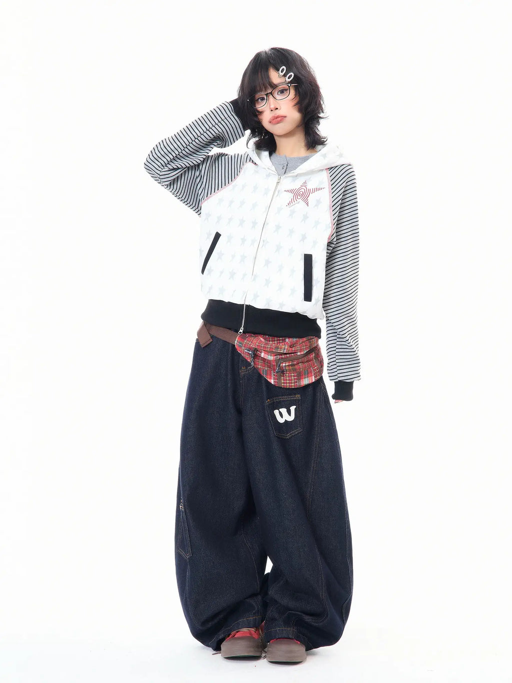 Star Embroidered Stripe Cropped Hoodie OL2384