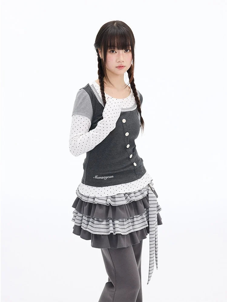 Polka Dot Lace Layered Fitted Long Sleeve Tee OL2397