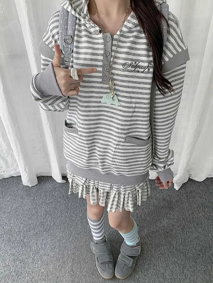 Striped Layered Half Zip Hoodie OL2434