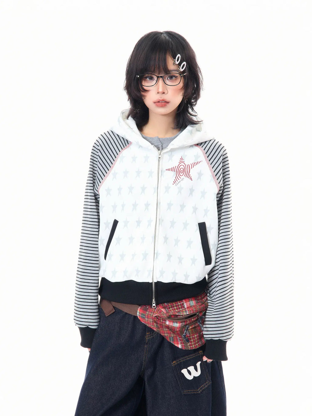 Star Embroidered Stripe Cropped Hoodie OL2384