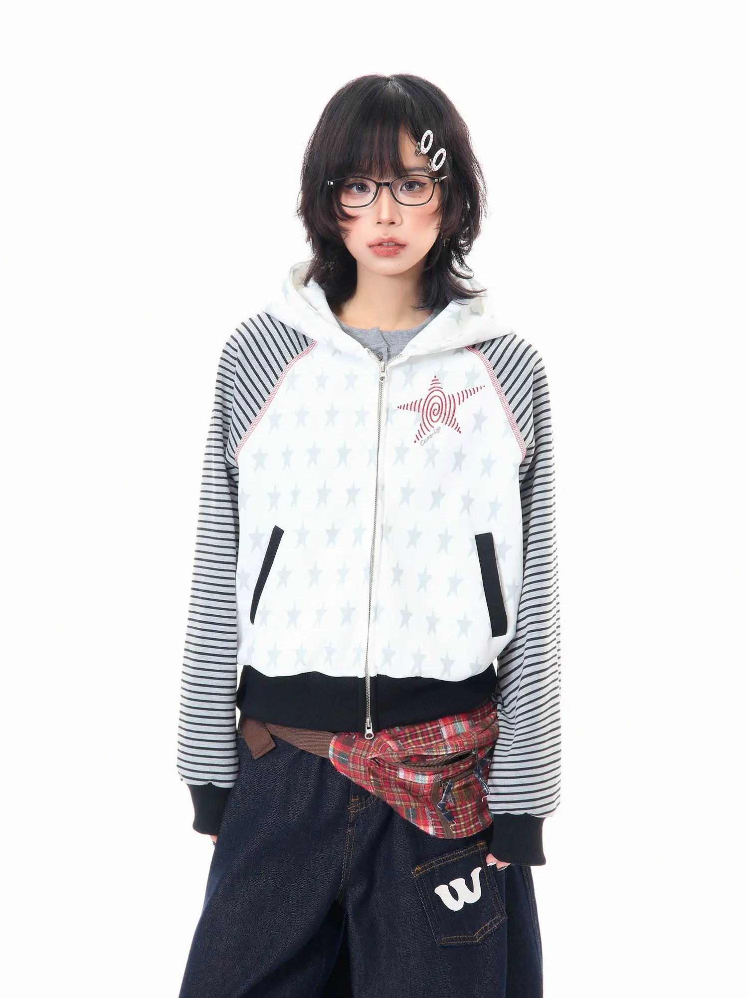 Star Embroidered Stripe Cropped Hoodie OL2384