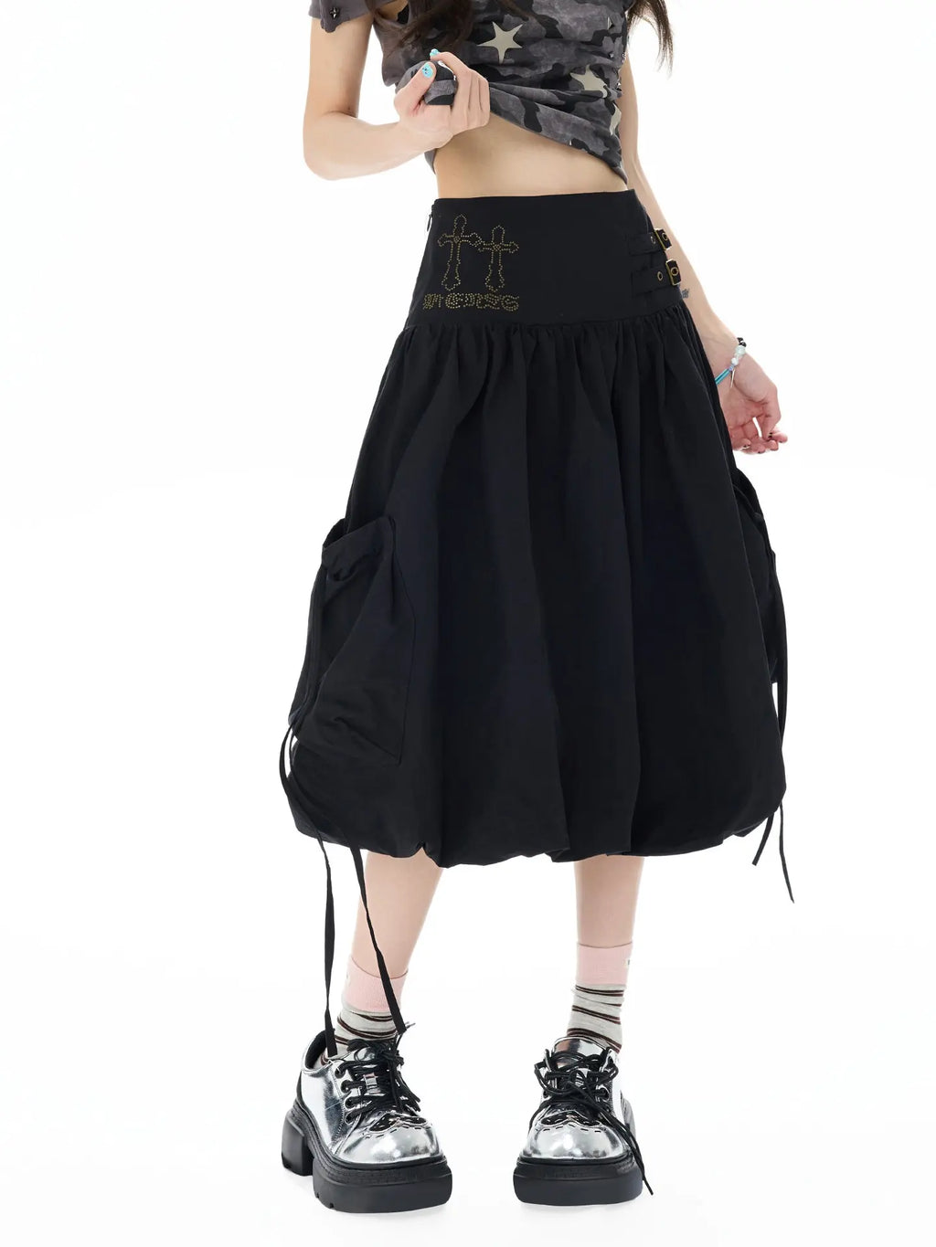 Studded Rhinestone Tie Bubble Skirt OL2410