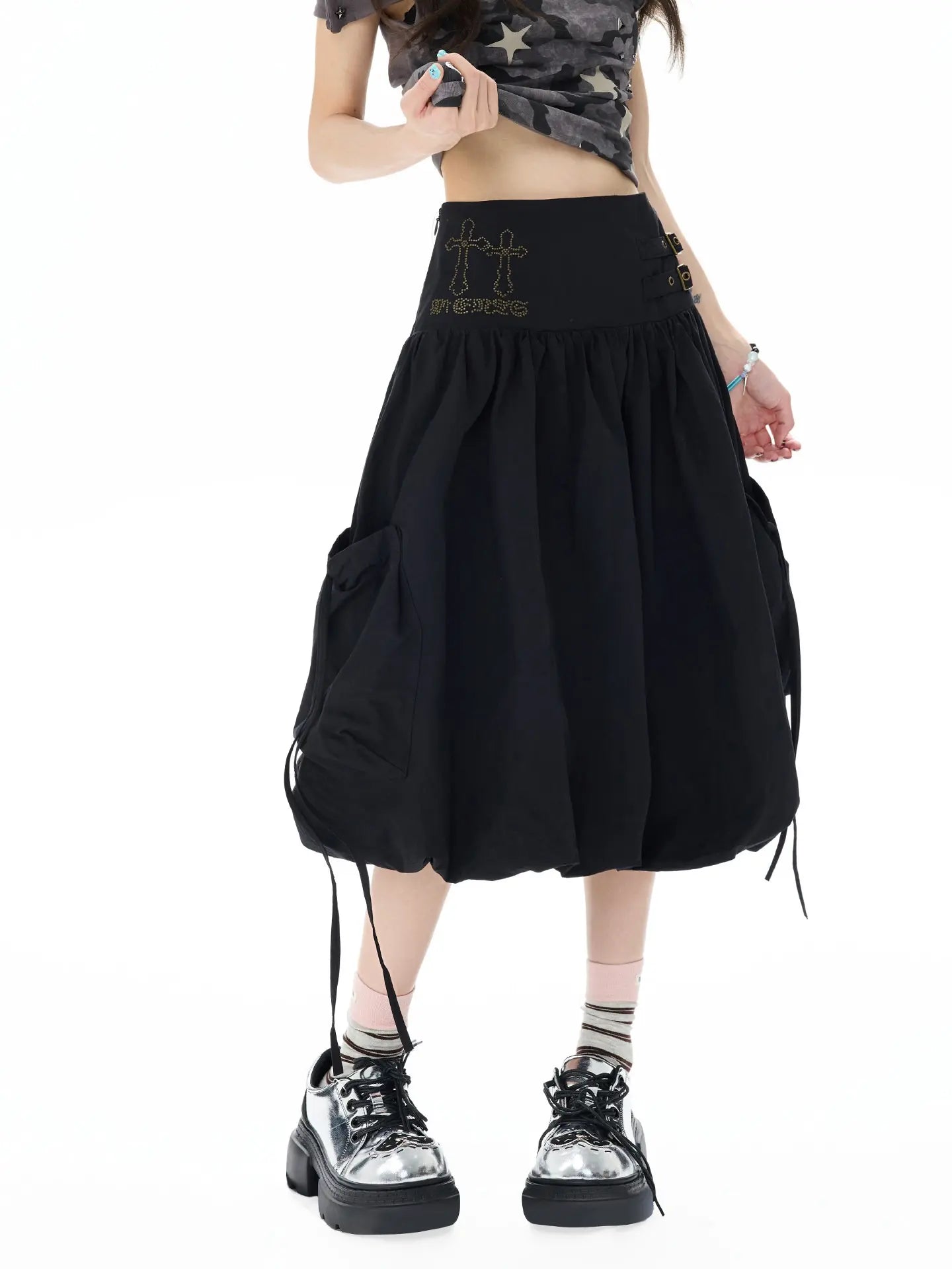 Studded Rhinestone Tie Bubble Skirt OL2410