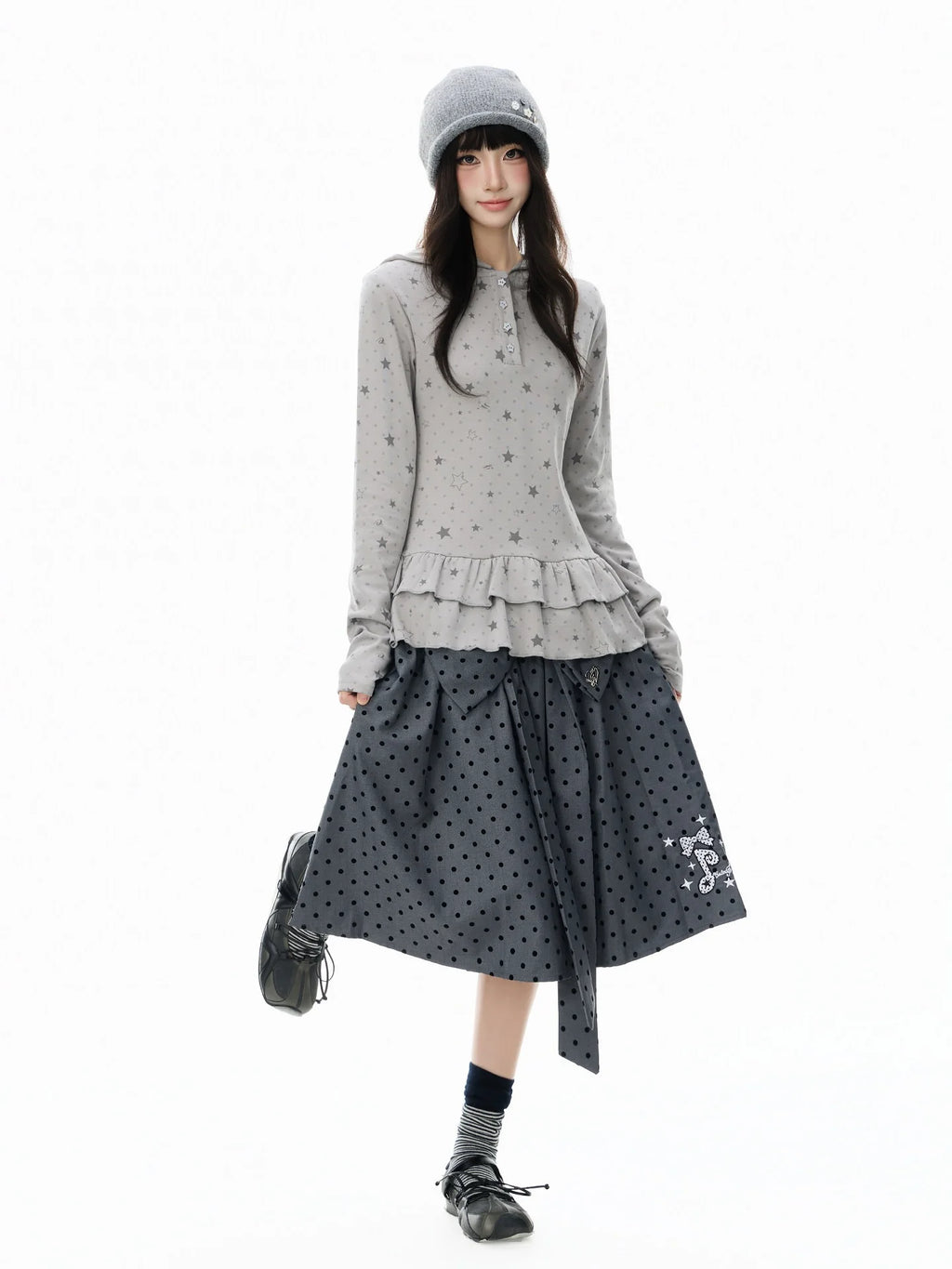 Polka Dot Star 러플 후드 긴팔 티셔츠 OL2406