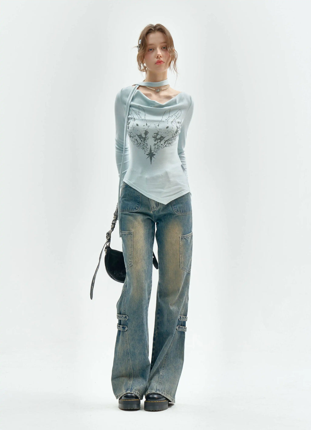 Rabbit Draped Neck Slim Fit Top OL2259