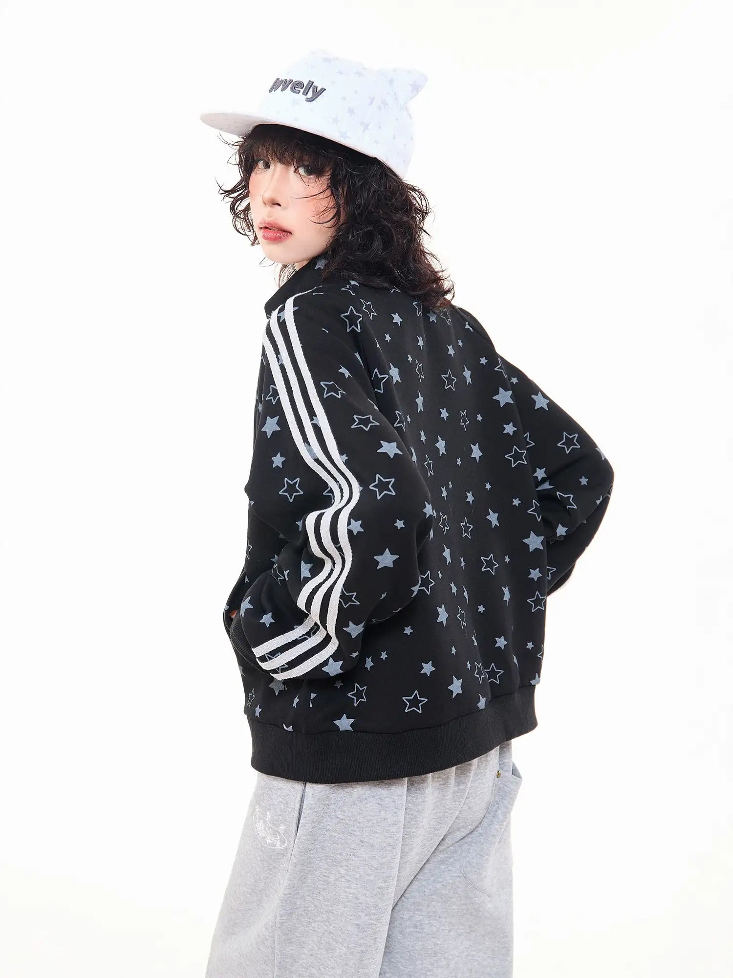 Star Print Oversized Stand Collar Zip Hoodie Cardigan OL2323
