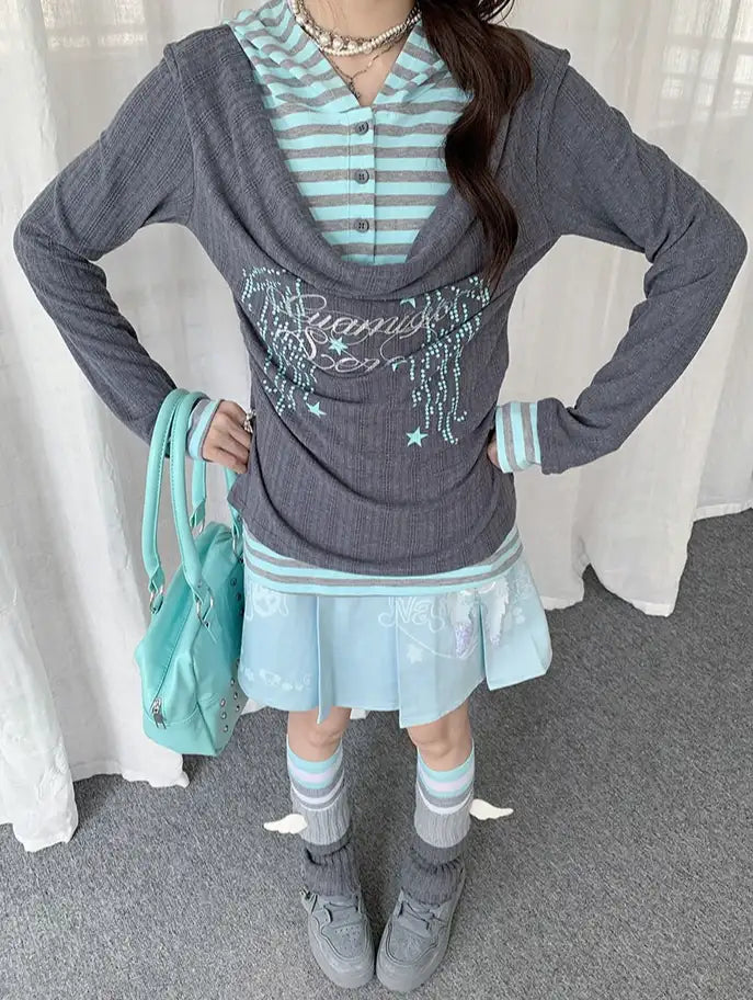 Layered Stripe Cowl Neck Long Sleeve Tee OL2385