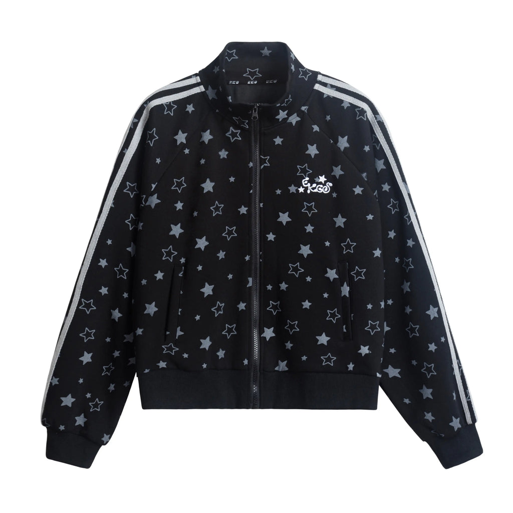 Star Print Oversized Stand Collar Zip Hoodie Cardigan OL2323