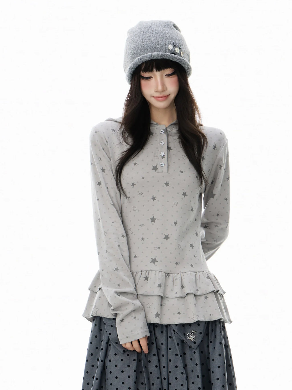 Polka Dot Star Ruffle Hooded Long Sleeve Tee oliviroa オリヴィオラ