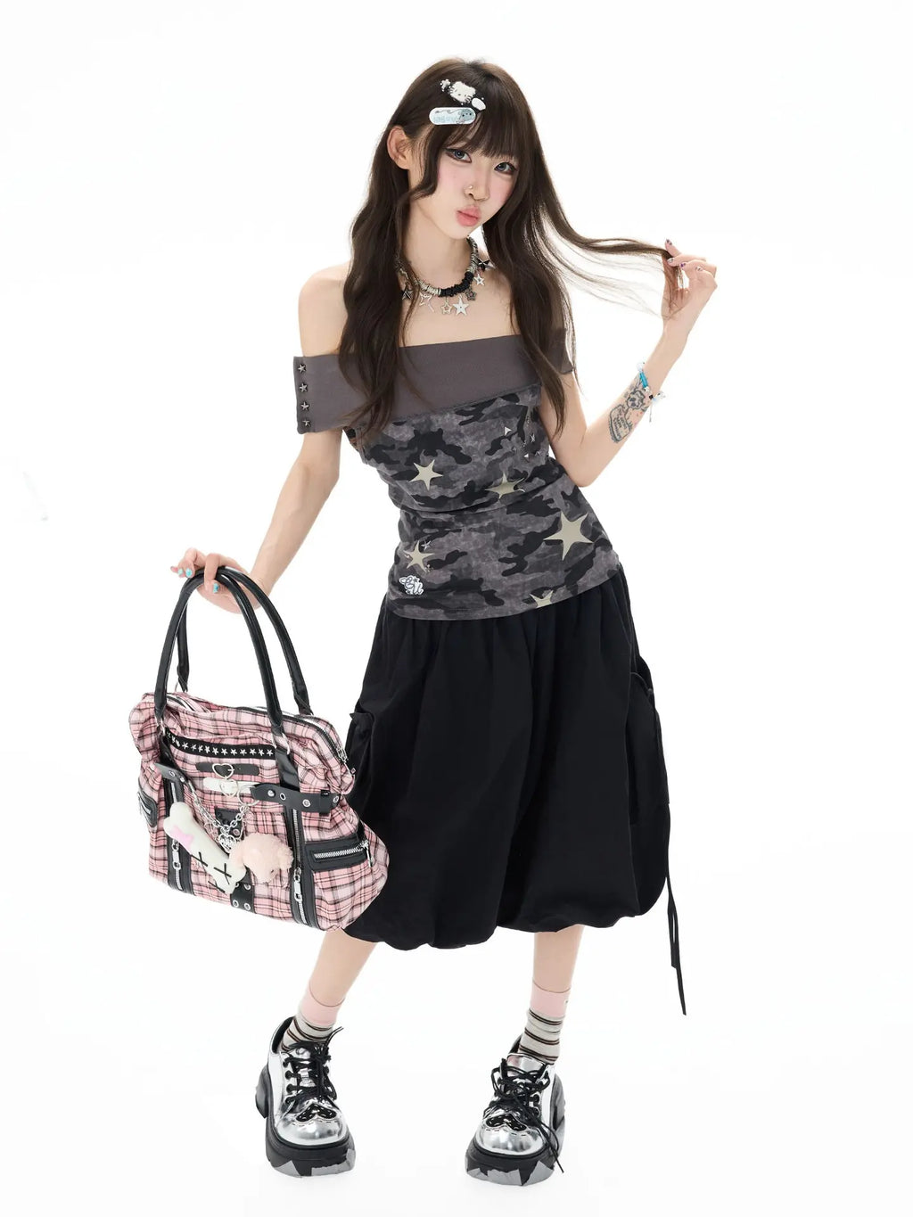 Studded Rhinestone Tie Bubble Skirt OL2410