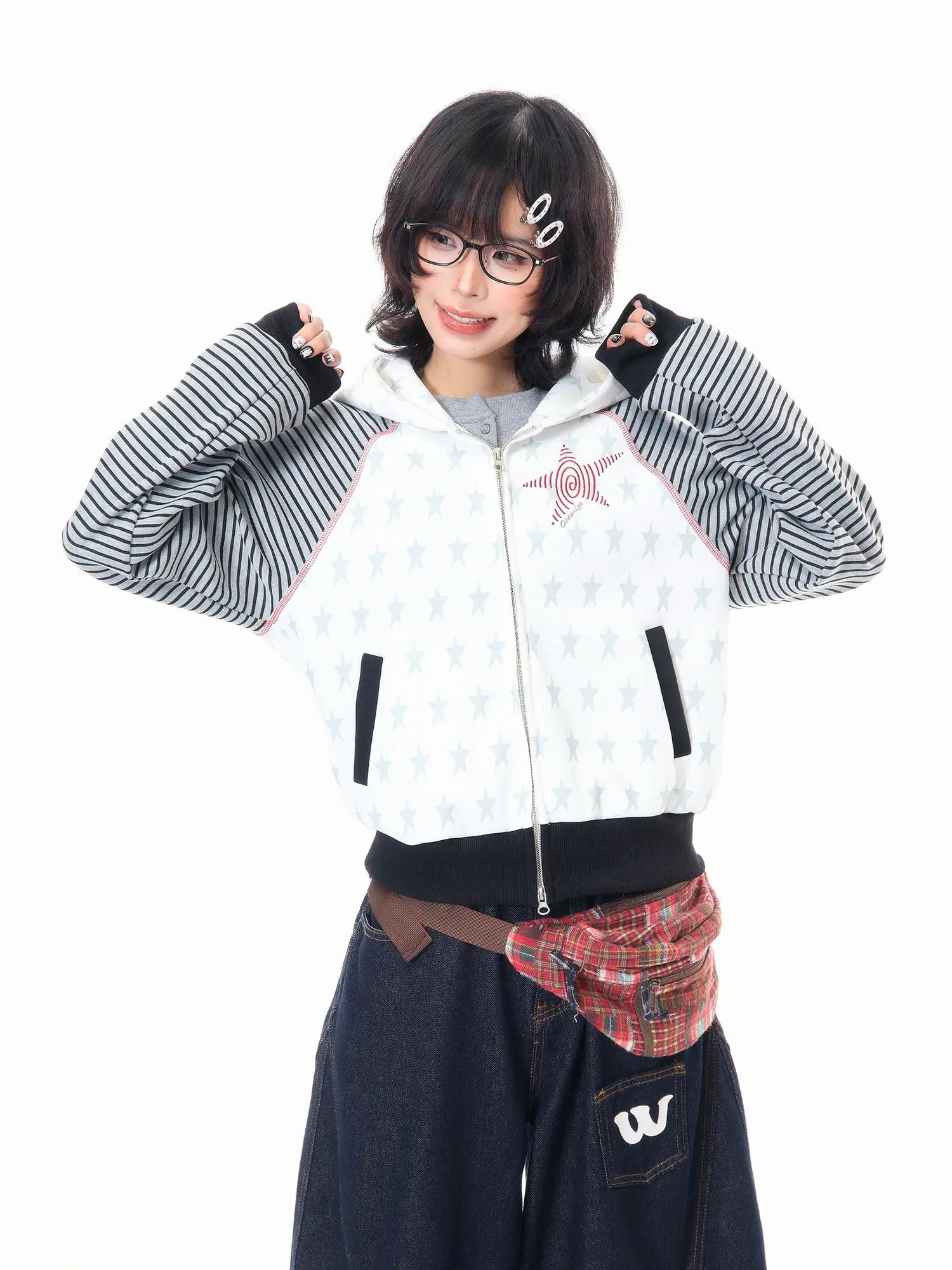 Star Embroidered Stripe Cropped Hoodie oliviroa オリヴィオラ