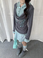 Layered Stripe Cowl Neck Long Sleeve Tee OL2385