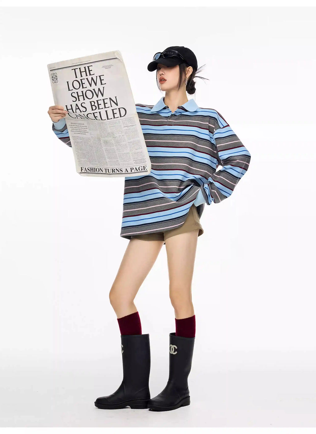 Striped Long Sleeve Polo Top with Contrast Panels   OL1993