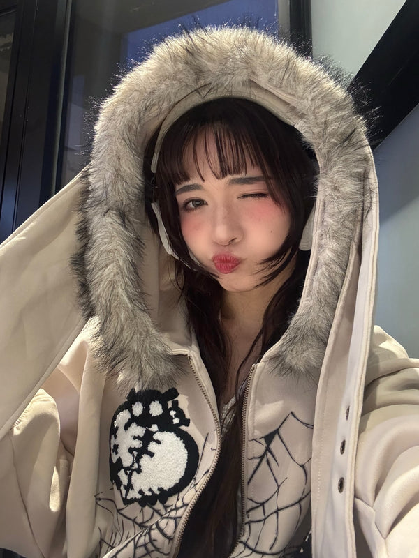 Y2K Bunny Ear Faux Fur Zip Hoodie OL2187