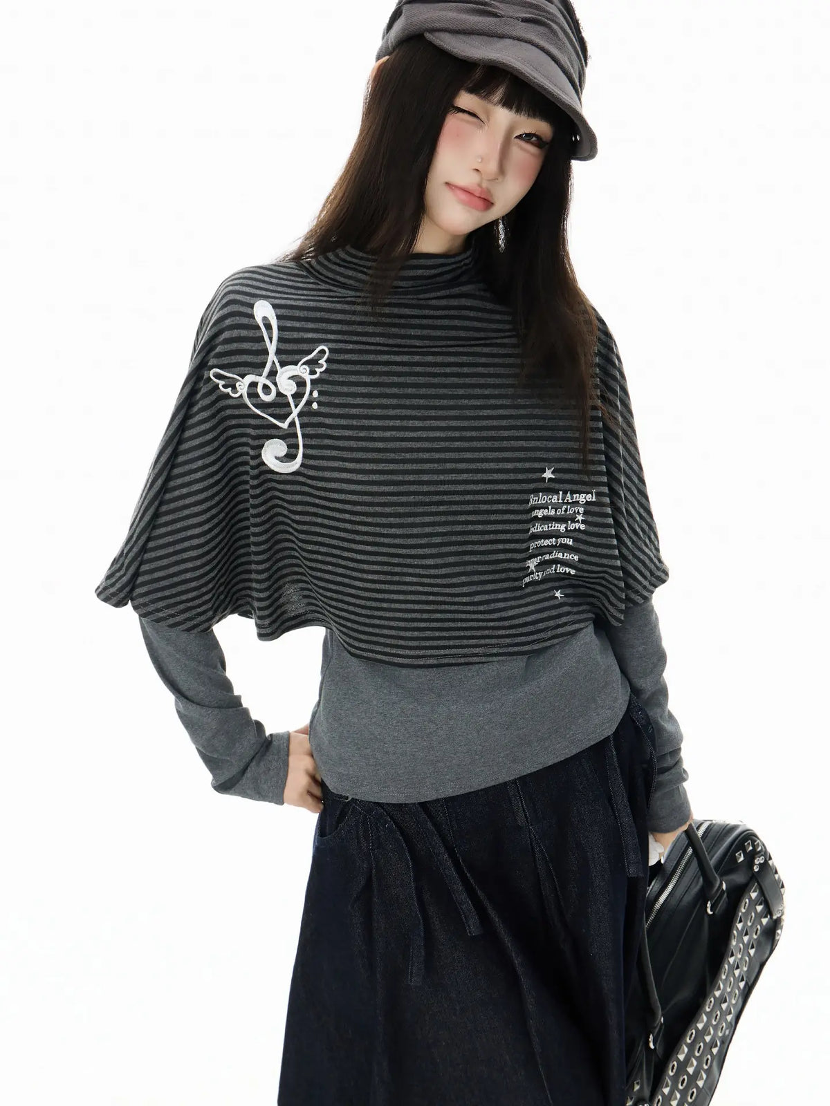 High Neck Cape Layered Long Sleeve Tee OL2416