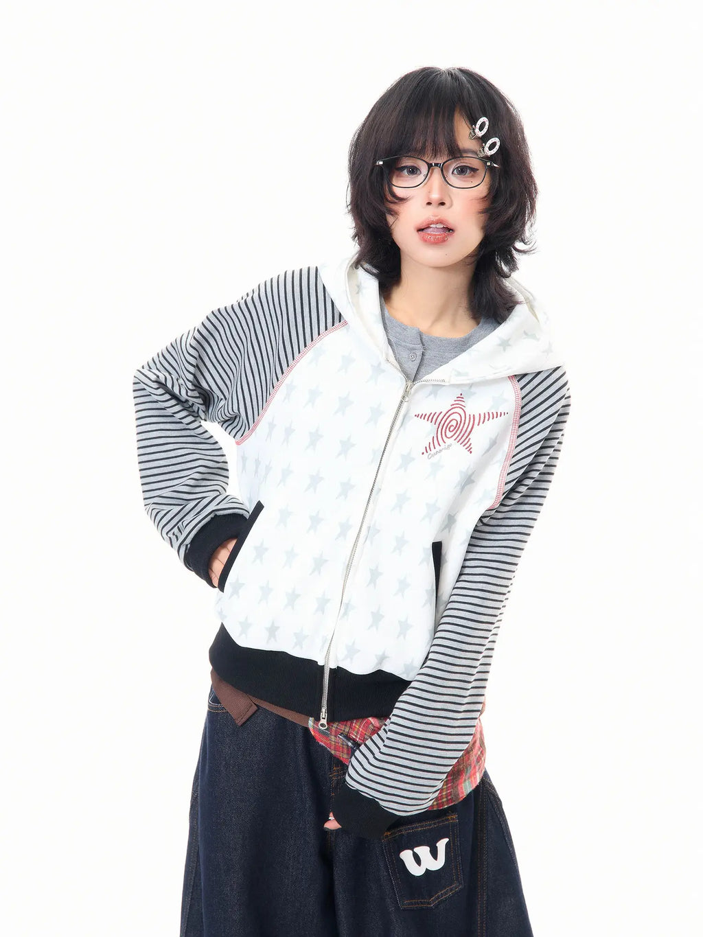 Star Embroidered Stripe Cropped Hoodie OL2384