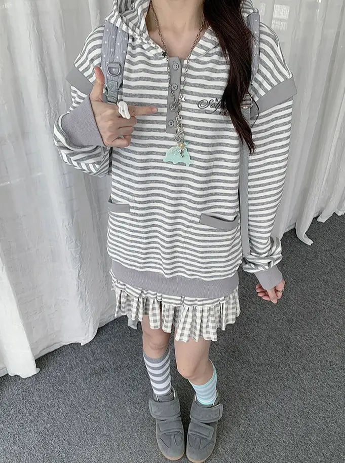 Striped Layered Half Zip Hoodie OL2434