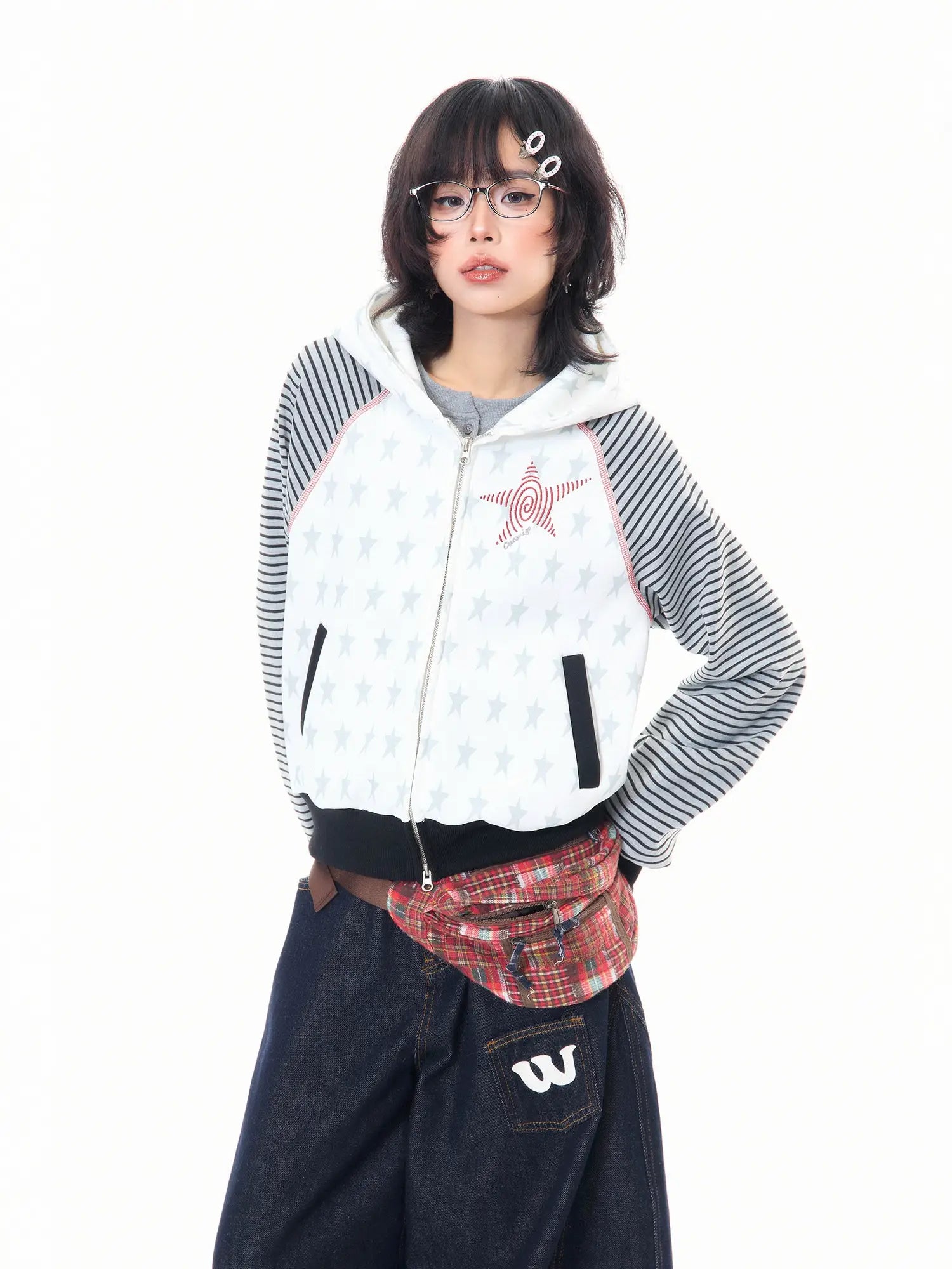 Star Embroidered Stripe Cropped Hoodie OL2384