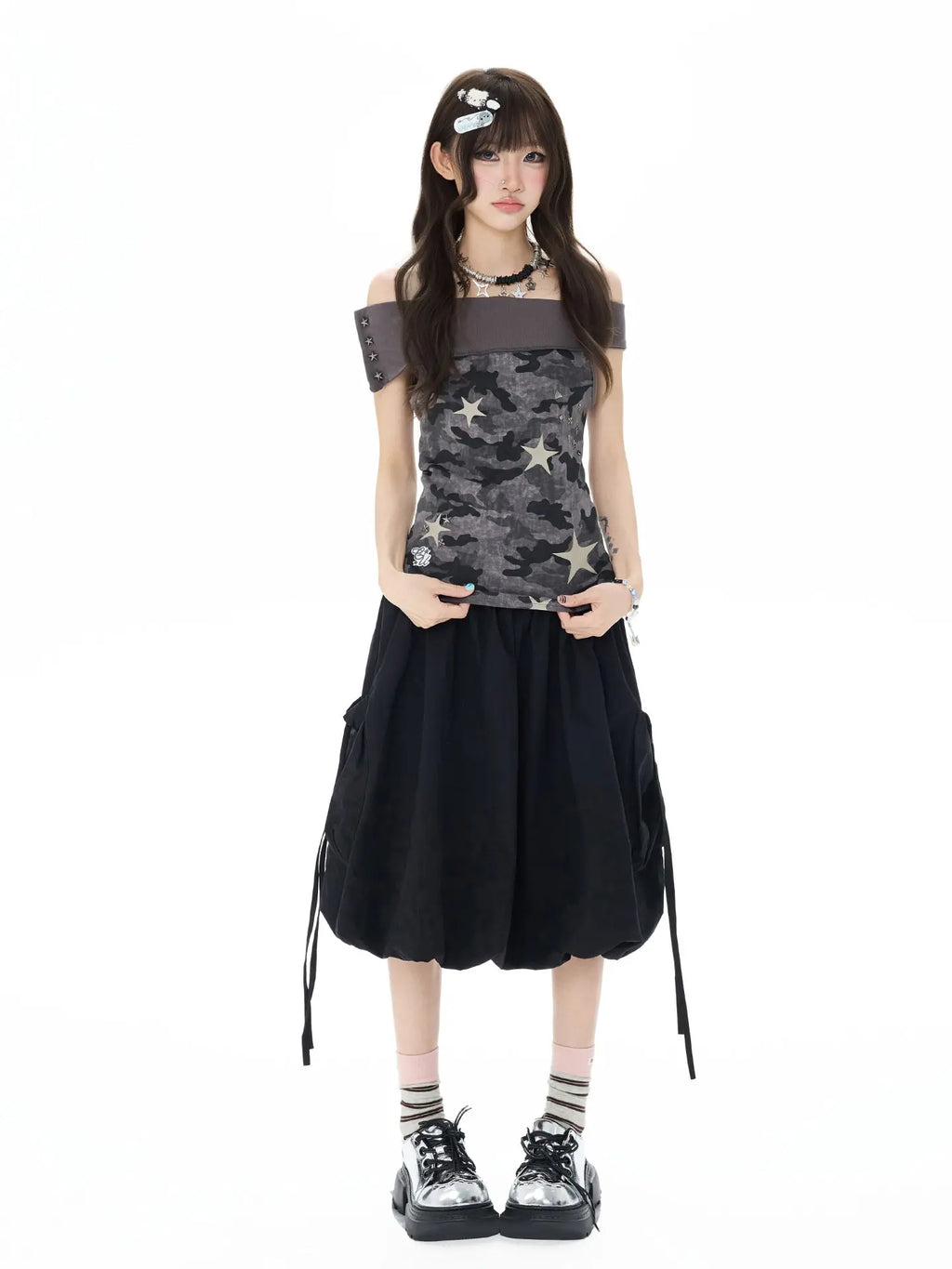 Studded Rhinestone Tie Bubble Skirt OL2410