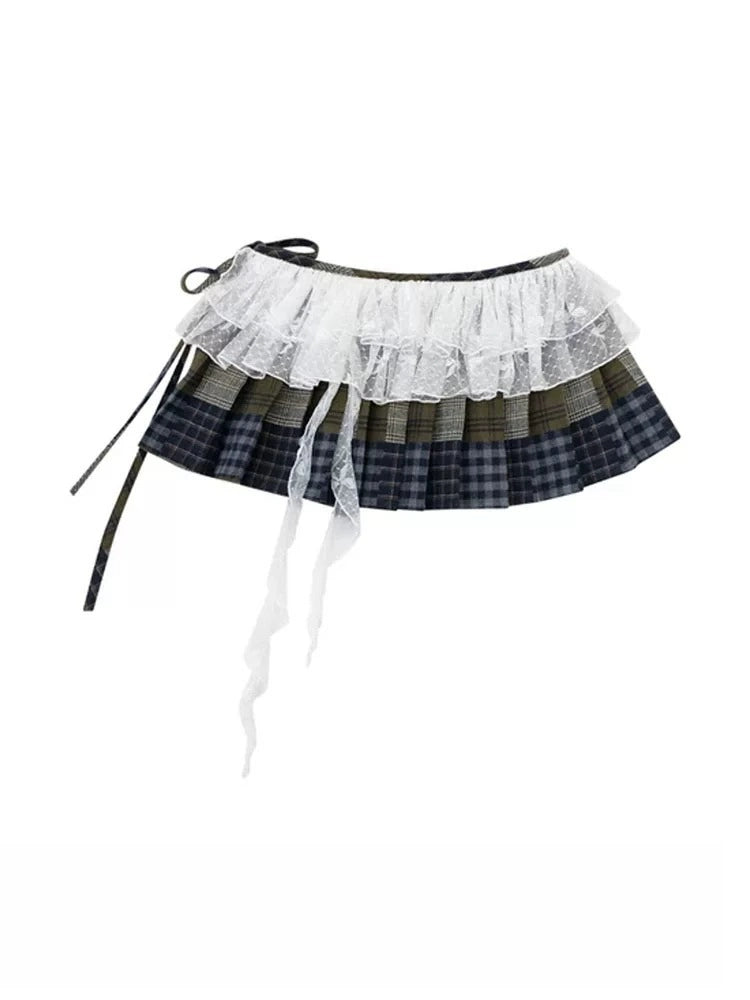 Patchwork Plaid Lace Wrap Skirt oliviroa オリヴィオラ