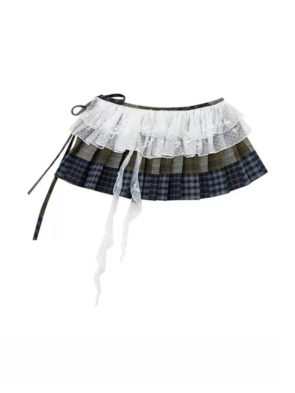 Patchwork Plaid Lace Wrap Skirt oliviroa オリヴィオラ