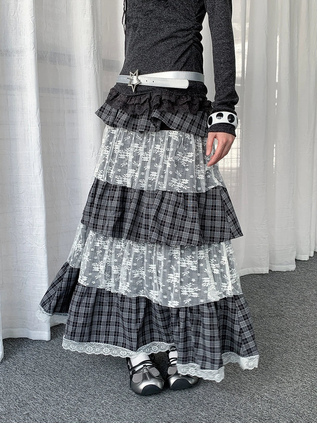 Plaid Lace Tiered Midi Skirt  OL2436