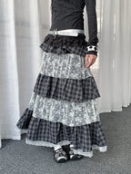 Plaid Lace Tiered Midi Skirt  OL2436