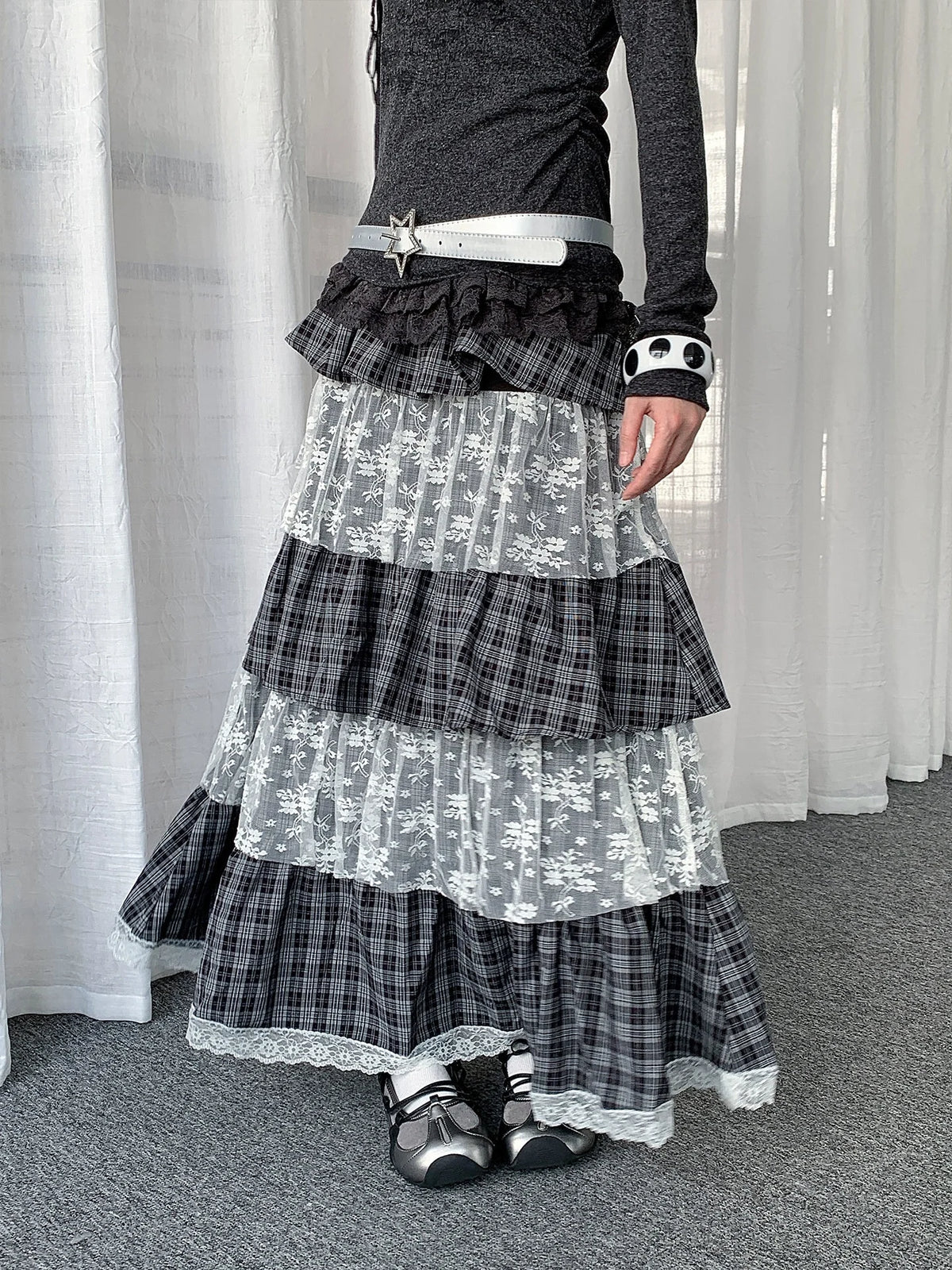 Plaid Lace Tiered Midi Skirt  OL2436