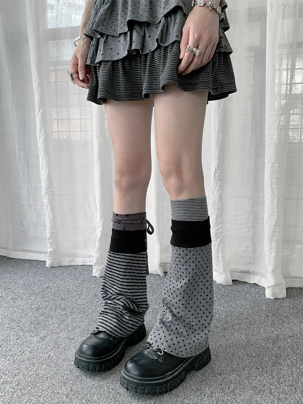Striped Polka Dot Layered Socks oliviroa オリヴィオラ
