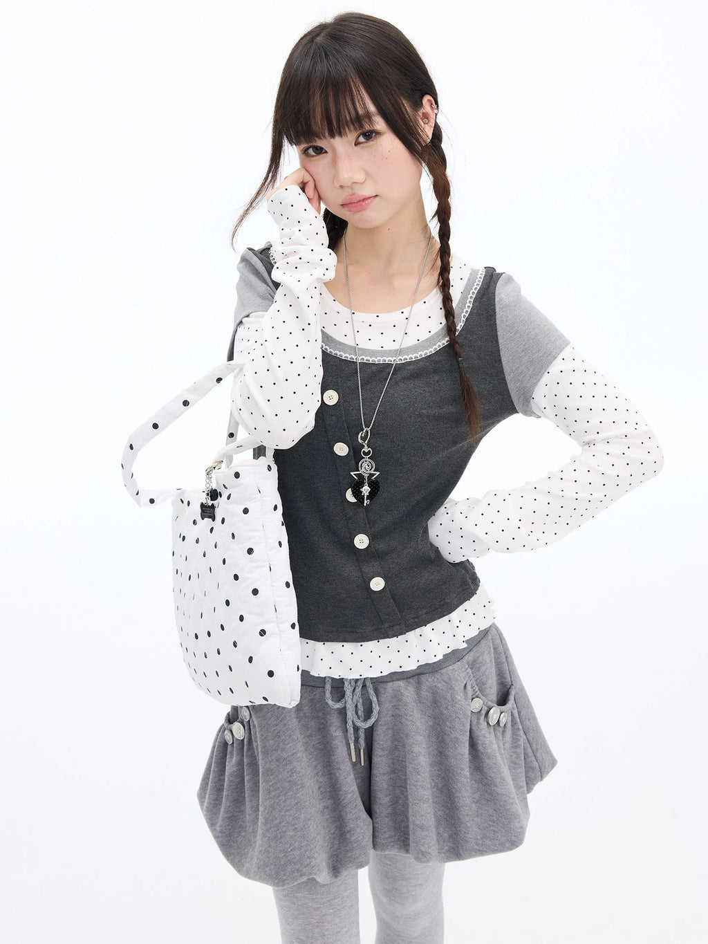 Polka Dot Lace Layered Fitted Long Sleeve Tee oliviroa オリヴィオラ