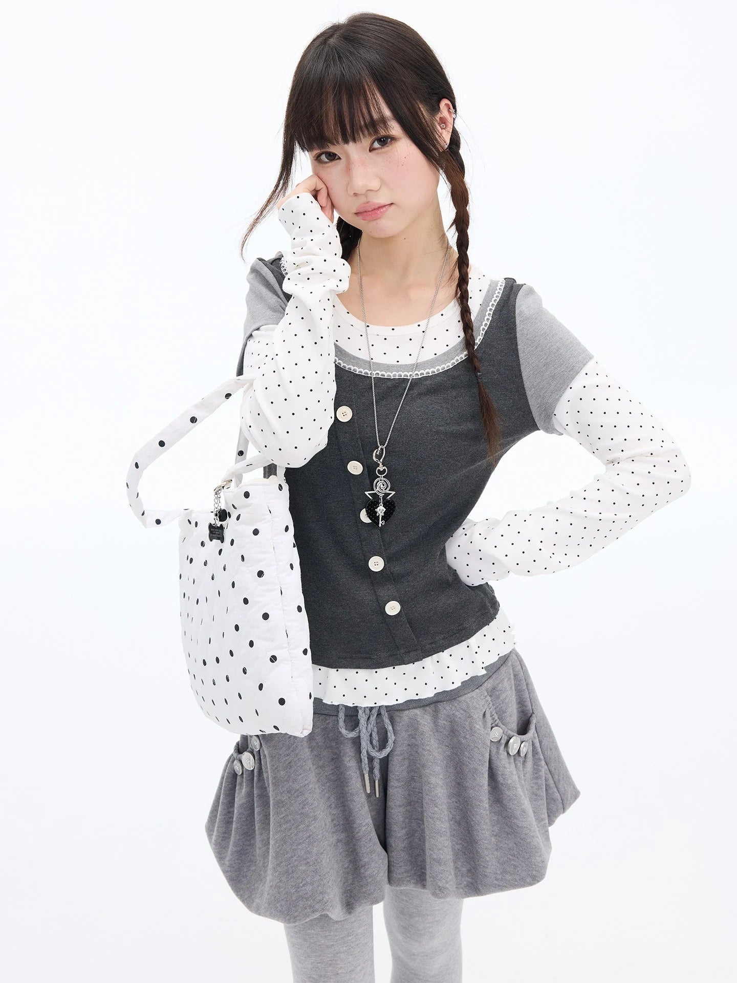 Polka Dot Lace Layered Fitted Long Sleeve Tee oliviroa オリヴィオラ