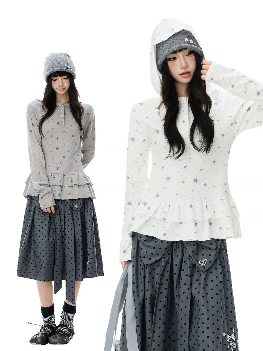 Polka Dot Star 러플 후드 긴팔 티셔츠 OL2406