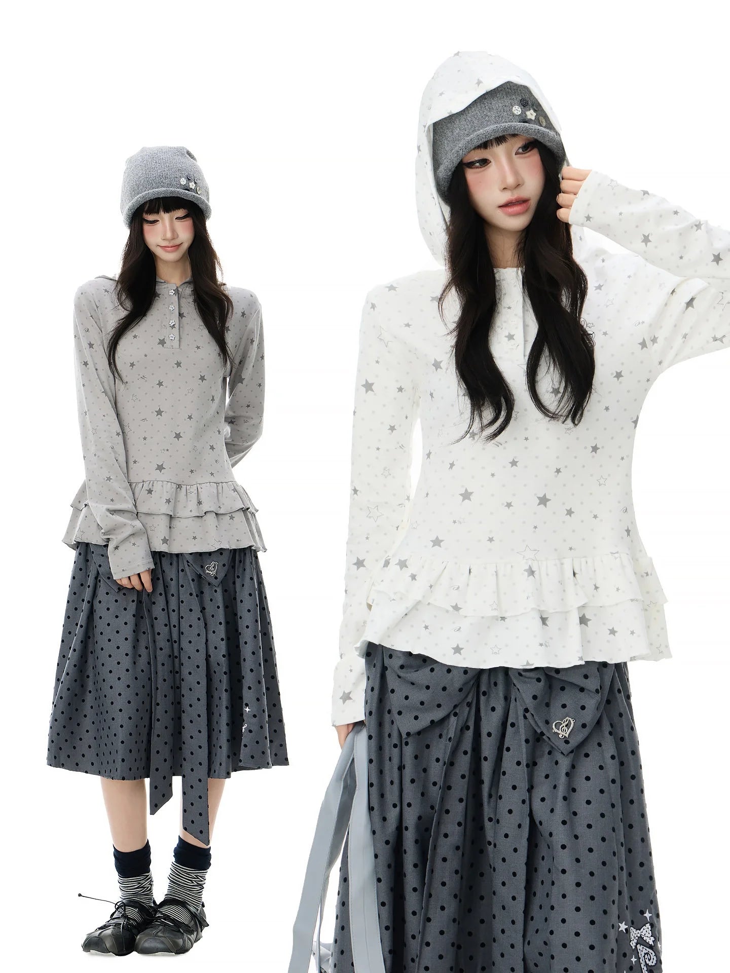 Polka Dot Star 러플 후드 긴팔 티셔츠 OL2406