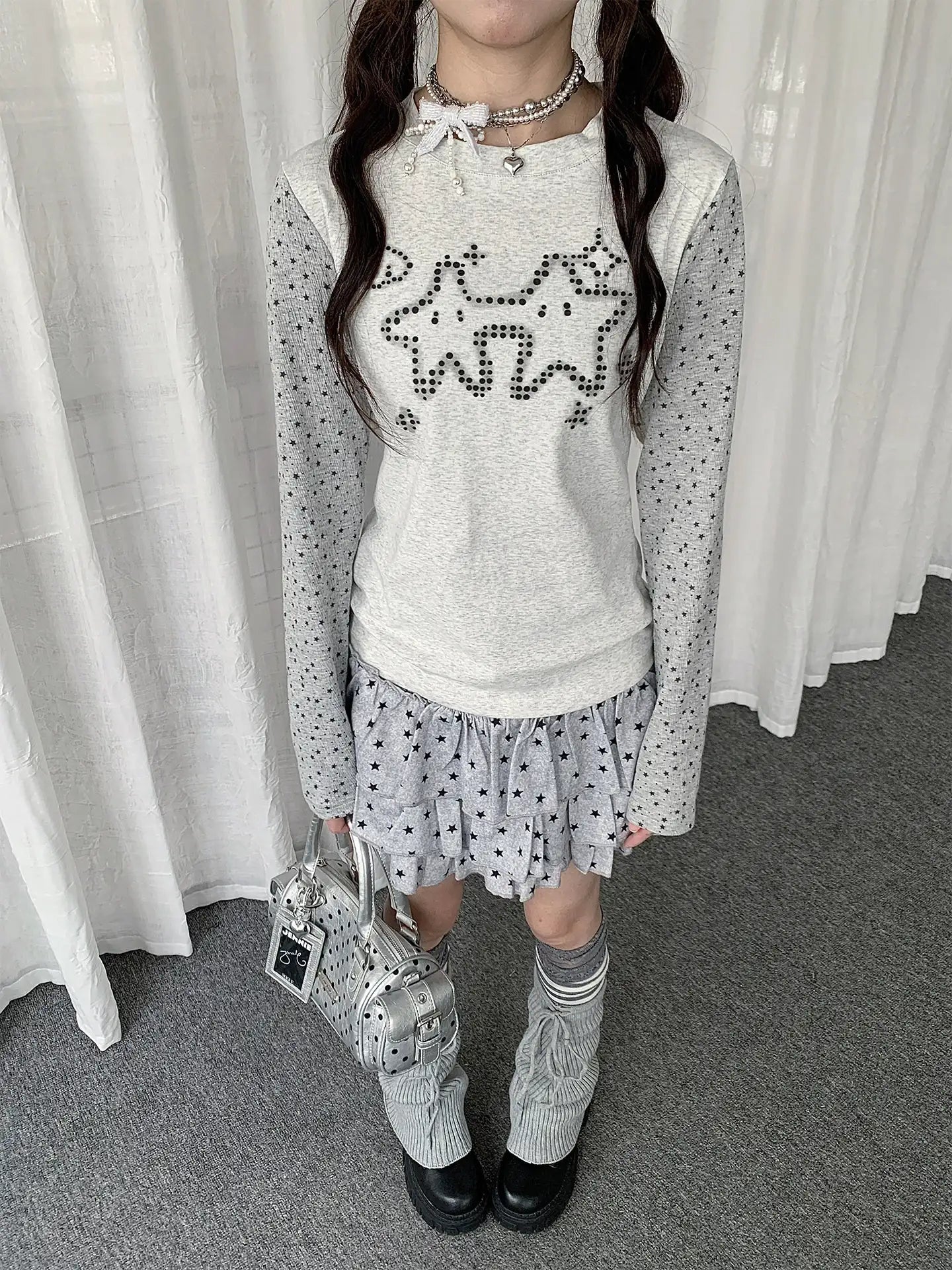 Polka Dot Scarf Neck Fitted Long Sleeve Tee oliviroa オリヴィオラ