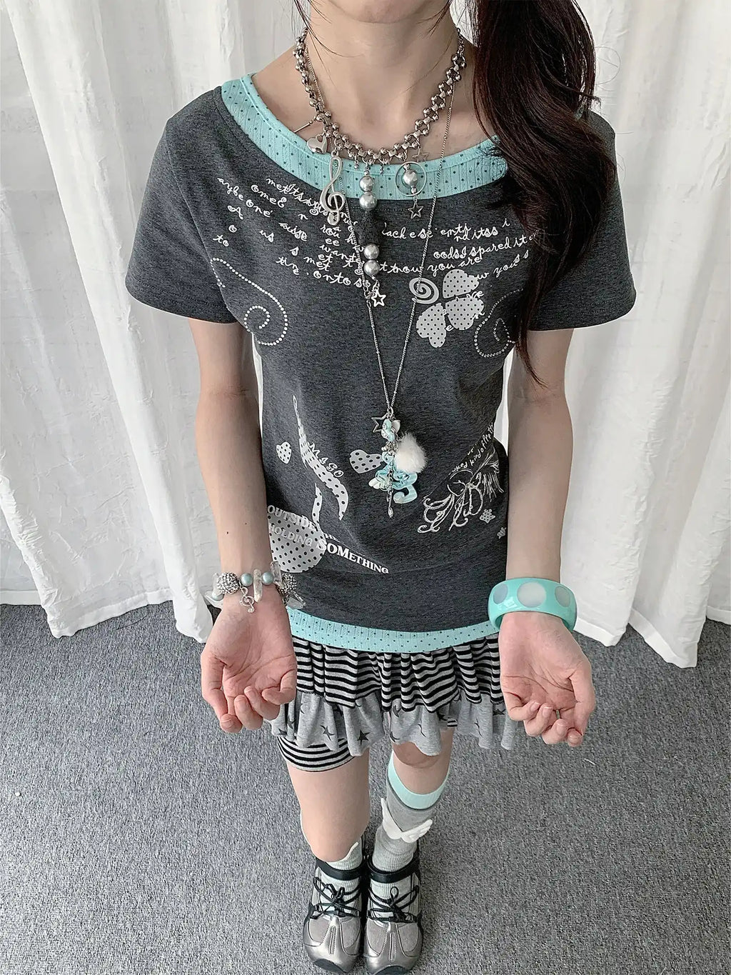 Y2K Polka Dot Rhinestone Layered T-Shirt OL2285
