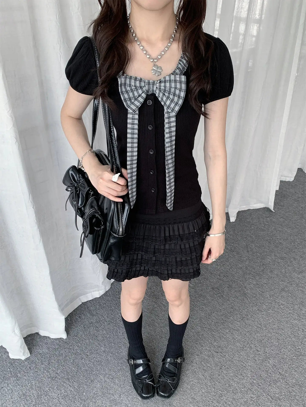 Plaid Bow Puff Sleeve Tee Y2K oliviroa オリヴィオラ