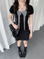 Plaid Bow Puff Sleeve Tee Y2K oliviroa オリヴィオラ