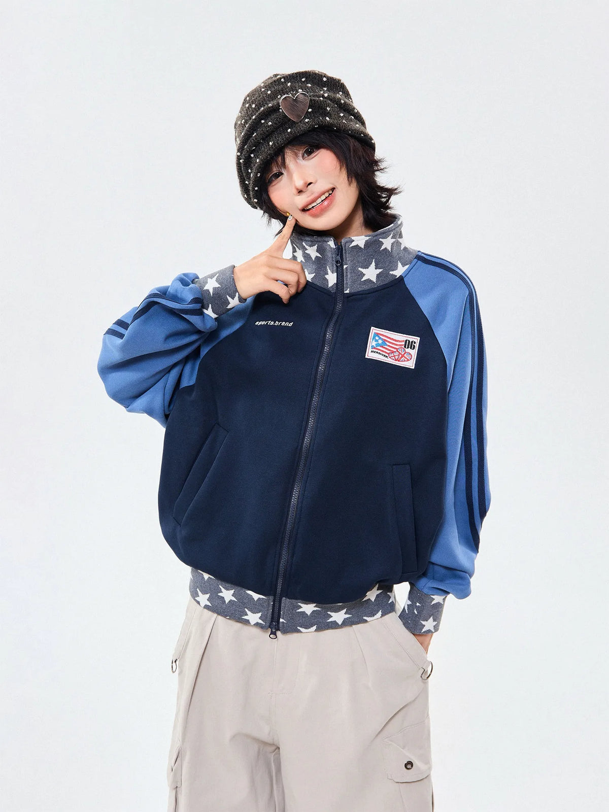Retro Colorblock Stand Collar Zip Jacket   OL2026