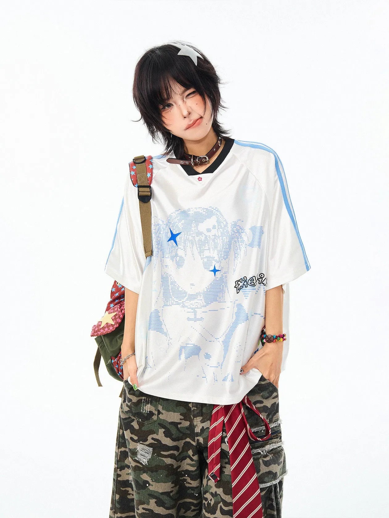 Vintage Cartoon Jersey V-Neck Oversized Short Sleeve Tee oliviroa オリヴィオラ