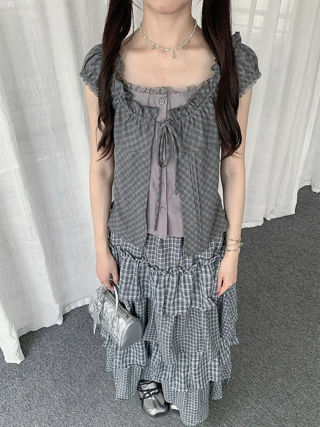 Plaid Lace Layered T-Shirt oliviroa オリヴィオラ