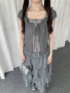 Plaid Lace Layered T-Shirt oliviroa オリヴィオラ