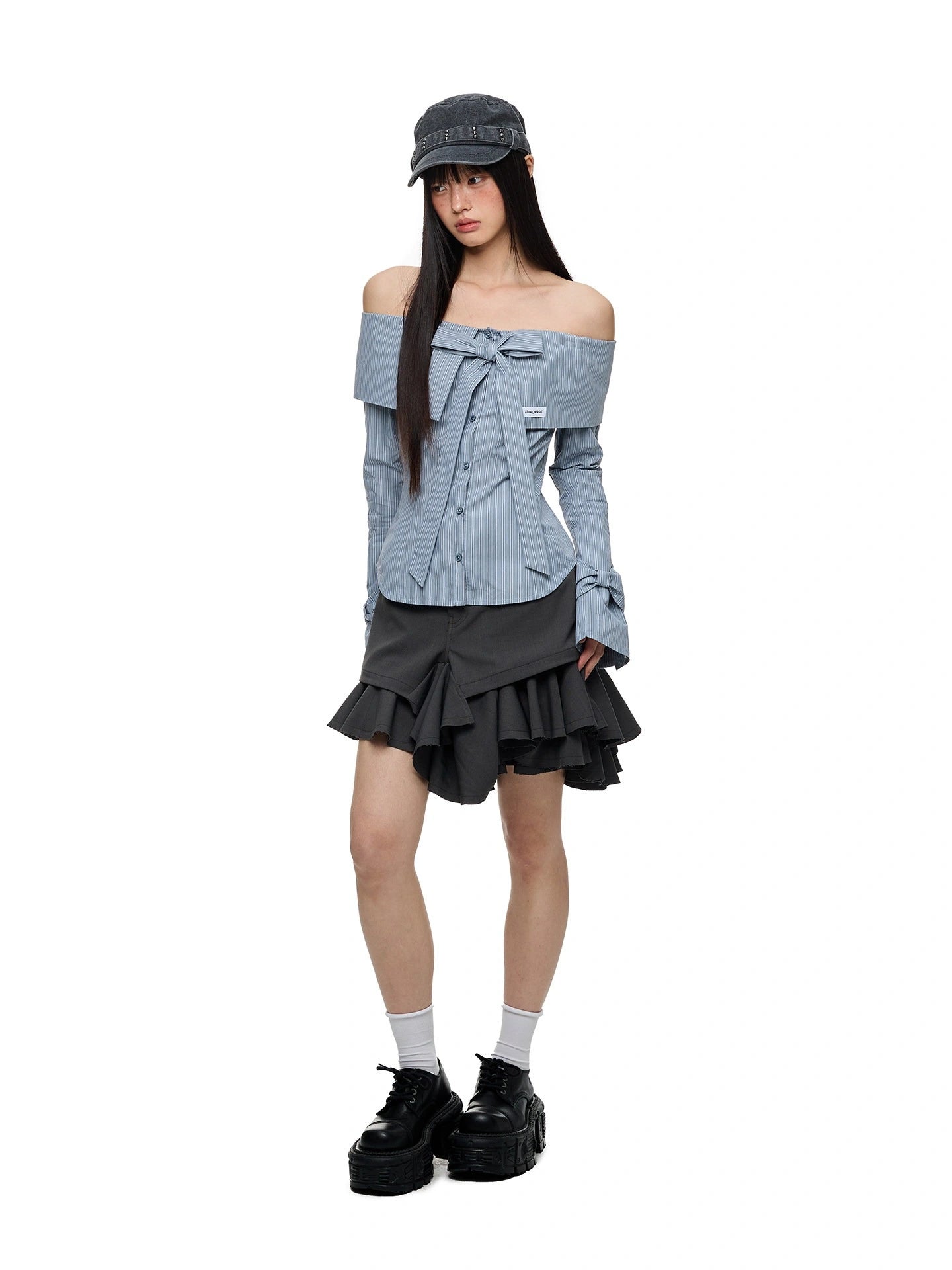 Off Shoulder Bow Tie Waist Fitted Shirt OL2268