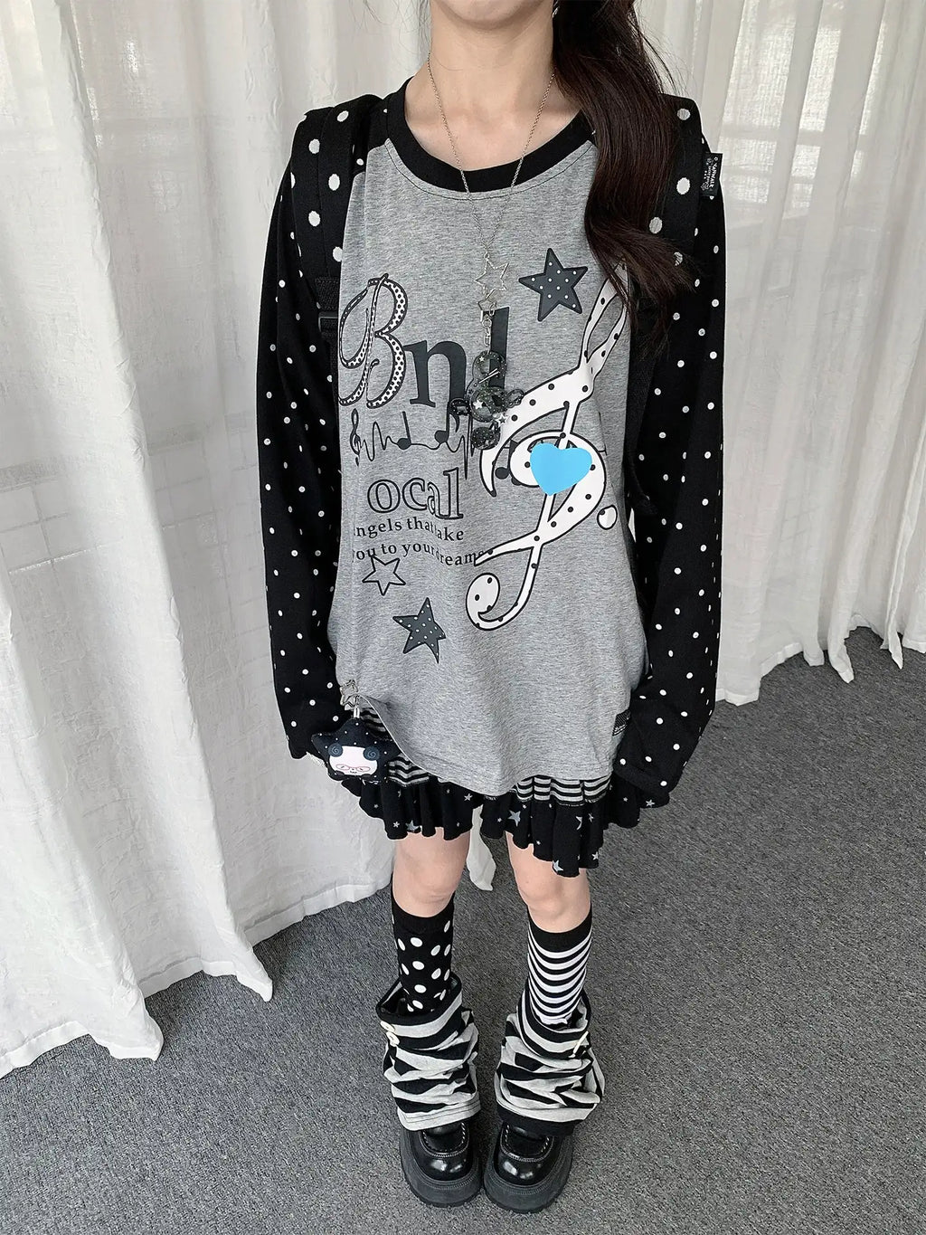 Polka Dot Music Note Layered Long Sleeve Tee oliviroa オリヴィオラ