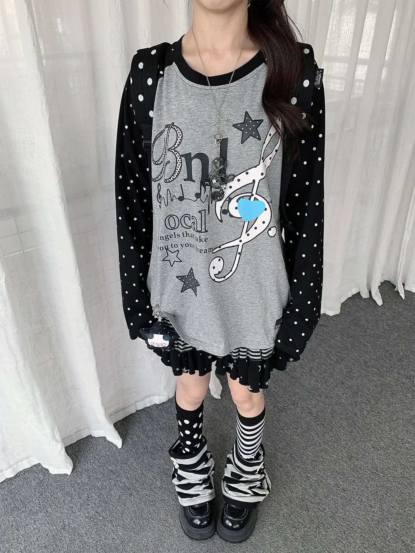 Polka Dot Music Note Layered Long Sleeve Tee oliviroa オリヴィオラ