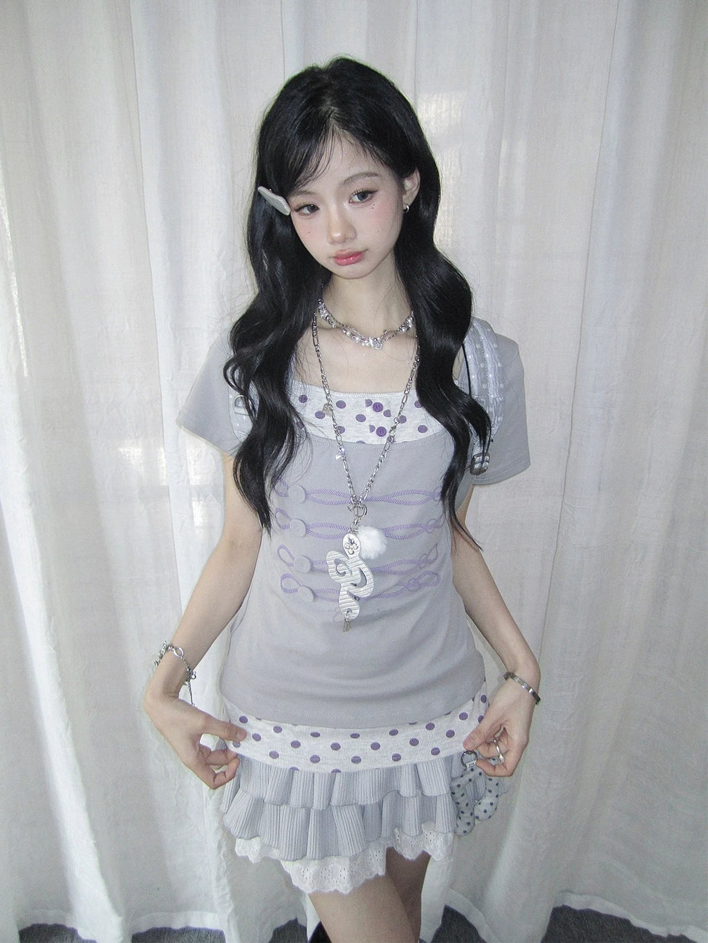 Polka Dot Faux Layered Button Tee Y2K oliviroa オリヴィオラ