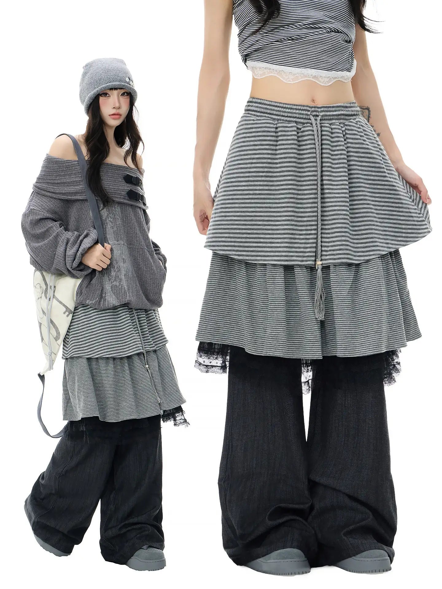 Striped Lace Layered Wide Leg Pants OL2409