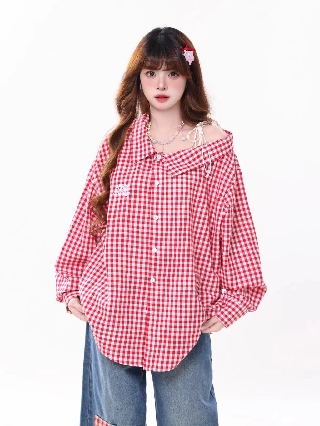 Red Plaid Off Shoulder Shirt oliviroa オリヴィオラ
